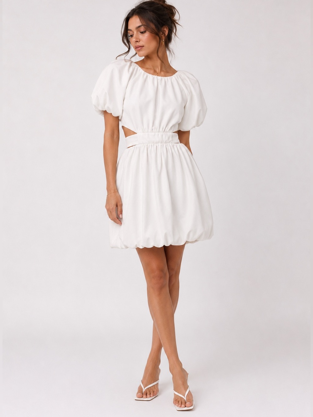 White Cut-Out Puff Sleeve Mini Dress Size L 🤍 Aje Inspired Bubble Hem